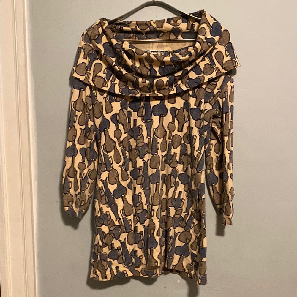 Effie's Heart Blue and Beige Cowl Neck Tunic with Artistic Pattern